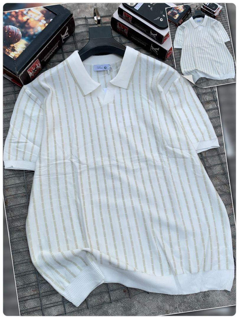 Polo Short Sleeve Sweater - Cream and Beige, Subtle Stripes