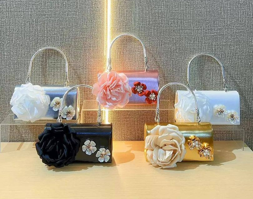 Flower Detail Evening Bag - Multiple Colors, Metal Handle, Clutch