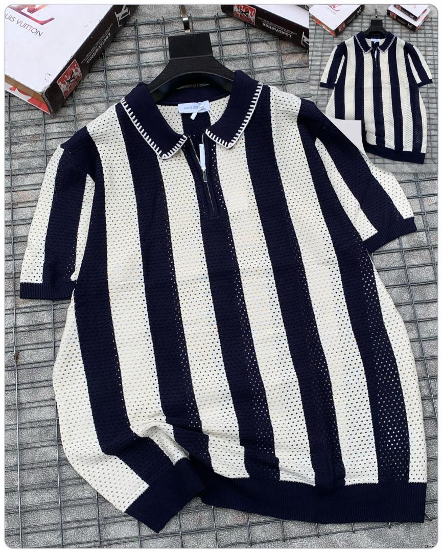 Polo Short Sleeve Sweater - Navy and White, Striped, Mesh Knit