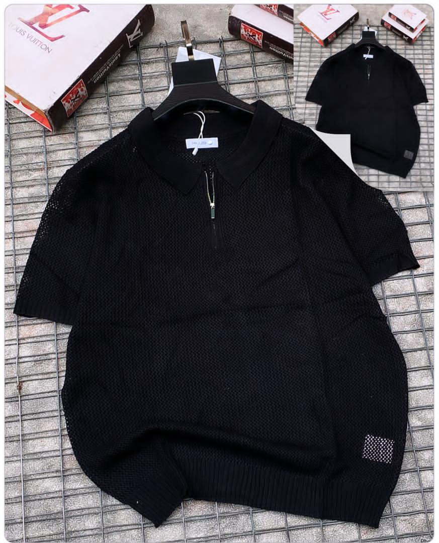 Polo Short Sleeve Sweater - Black, Cable Knit, Contrast Trim