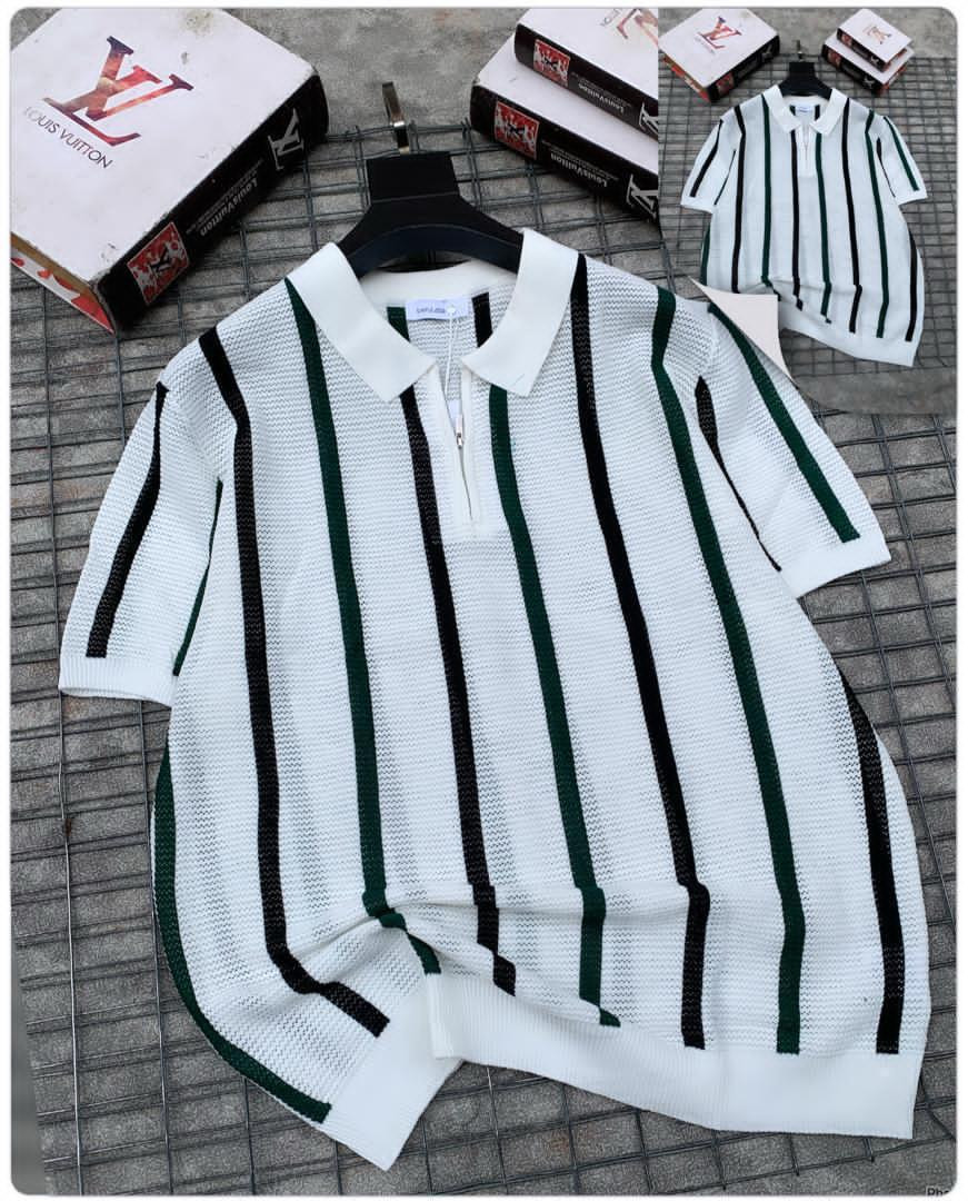 Polo Short Sleeve Shirt - Striped, Mesh Knit