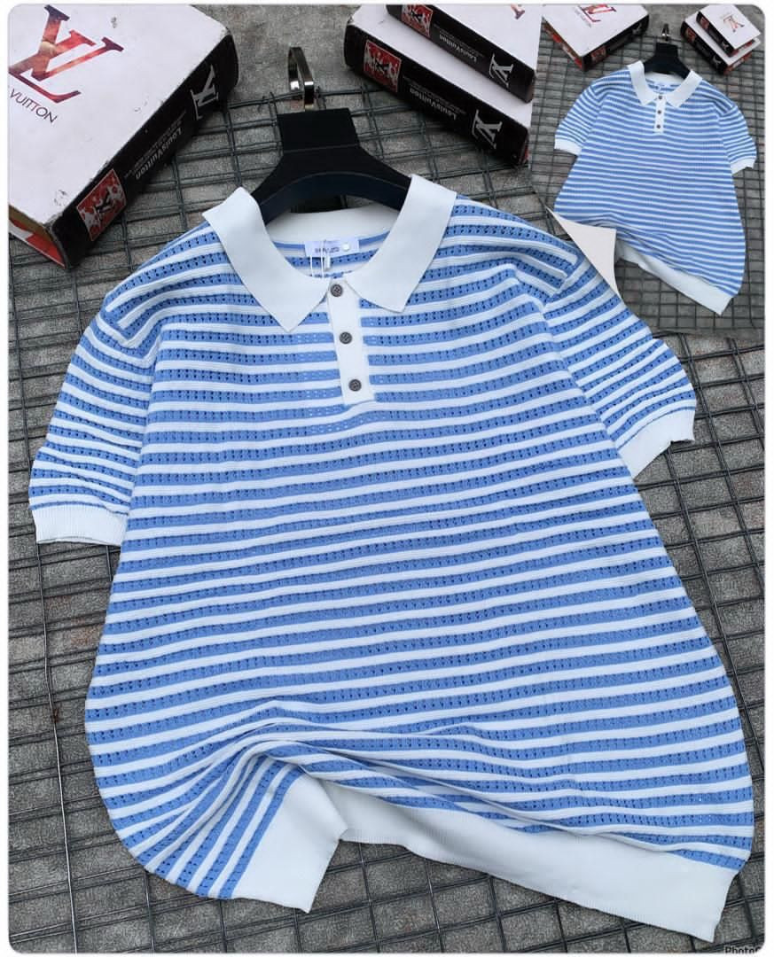 Polo Short Sleeve Sweater - Blue and White, Striped, Mesh Knit