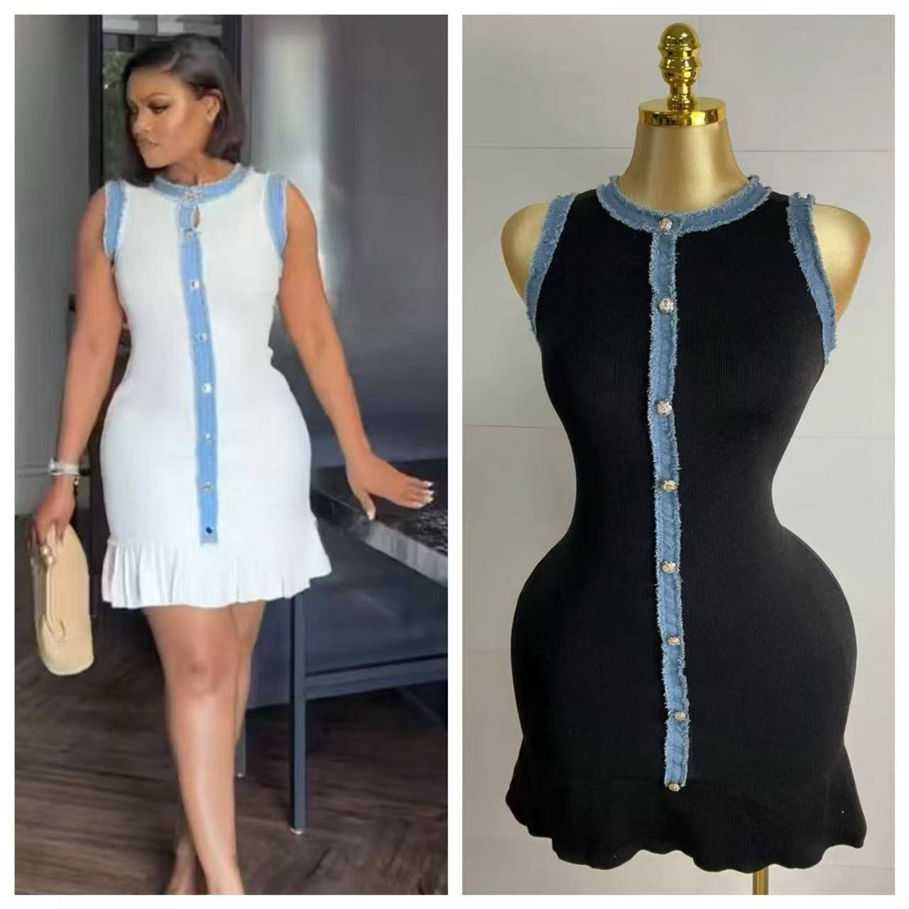 Knitted Mini Dress, Ribbed, Denim Trim, Rhinestone Buttons, Bodycon