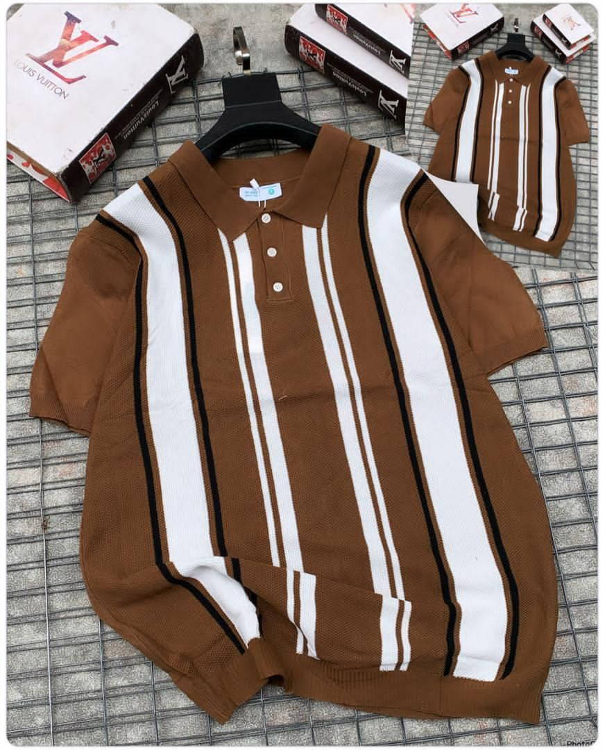 Polo Short Sleeve Sweater - Brown and White, Striped, Casual