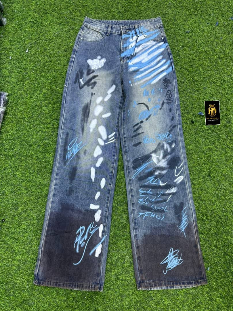 Hand-Painted Graffiti Wide-Leg Jeans