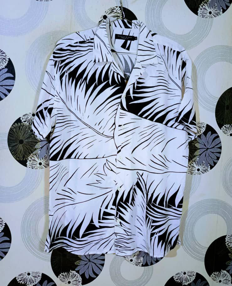 Monochrome Tropical Leaf Print Camp Collar Shirt