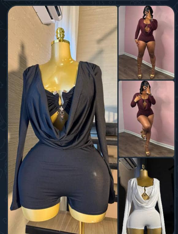 Low-Cut Drape Romper - Black and White, Long Sleeve, Bodycon