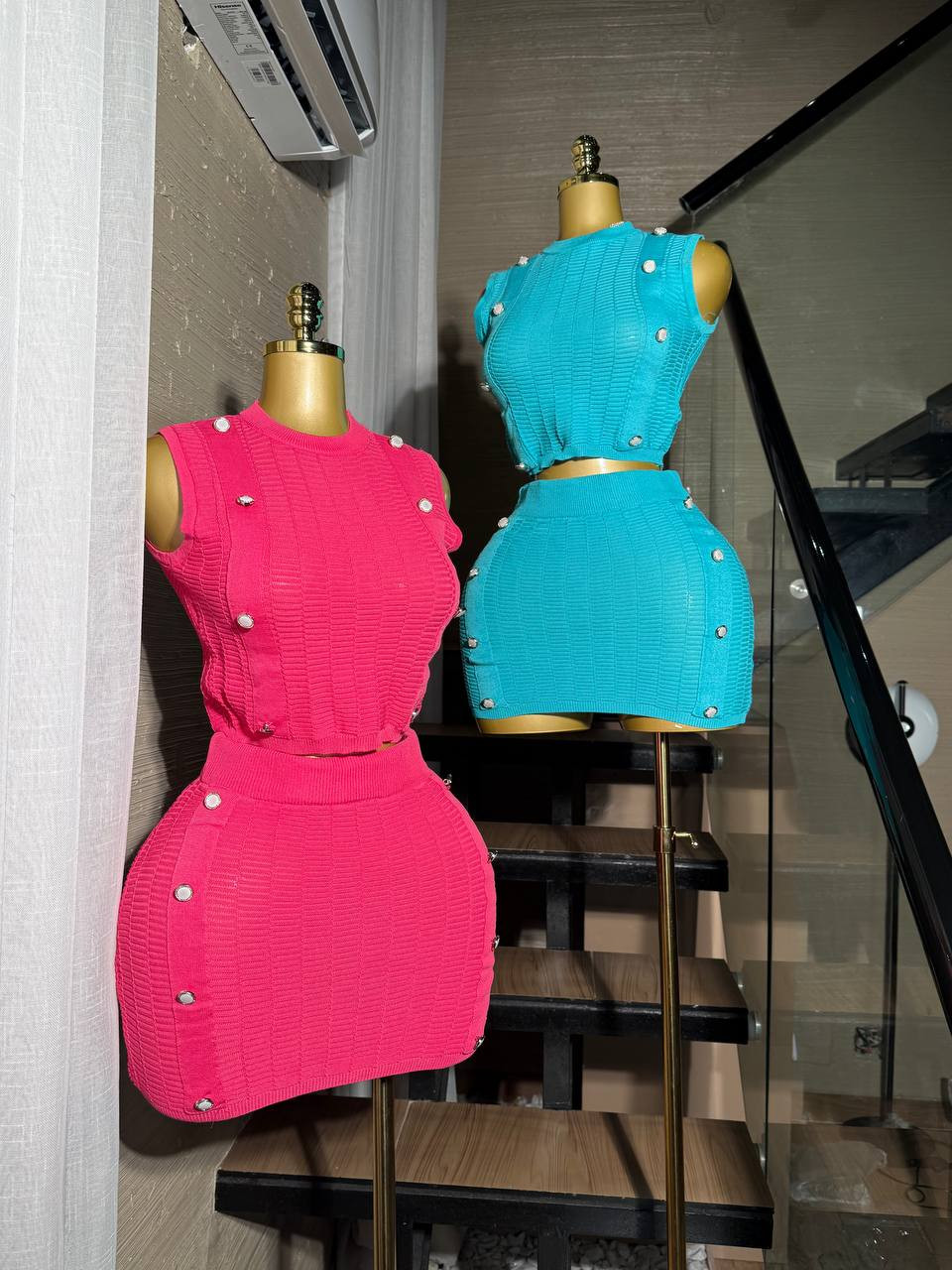 Pink and Blue, Sleeveless Top, Mini Skirt